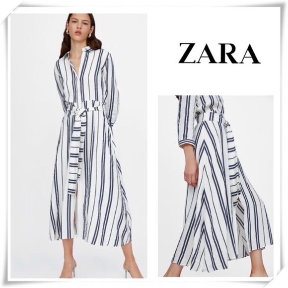 Zara Dresses & Skirts - NWOT Zara Striped Linen Button Down Midi Dress